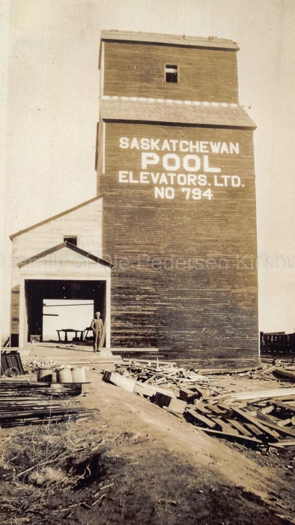 Bolney, SK grain elevator under construction, late 1920s. Contributed by family of Ole Pedersen Kirkhus.