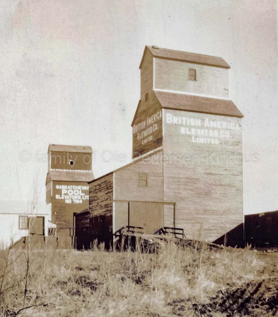 British America Elevator grain elevator in Bolney, SK, 1927 or 1928. Contributed by family of Ole Pedersen Kirkhus.