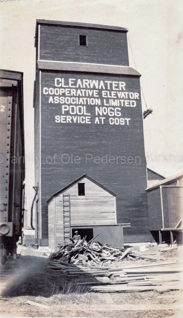 Newly constructed Clearwater grain elevator, 1928. Clearwater grain elevator under construction, Photo courtesy of the family of Ole Kirkhus.