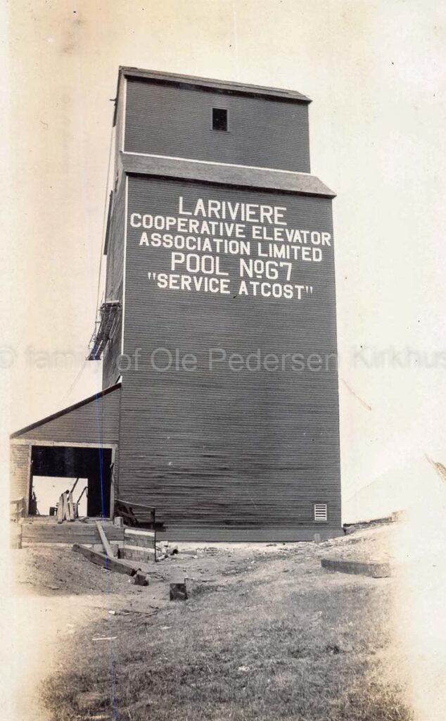 Lariviere, MB grain elevator under construction, 1927 or 1928. Contributed by the family of Ole Pedersen Kirkhus.