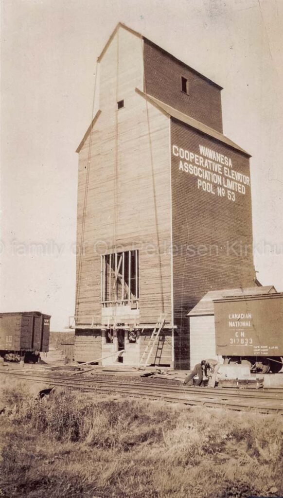 The Wawanesa, MB grain elevator under construction, 1927. Contributed by the family of Ole Pedersen Kirkhus.