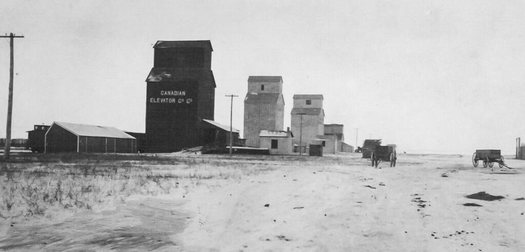 Grain elevators in Outlook, SK, circa 1910
