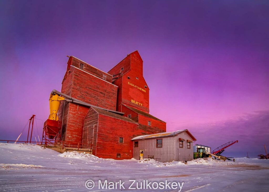 Beatty, SK grain elevator, 2021. Contributed by Mark Zulkoskey.