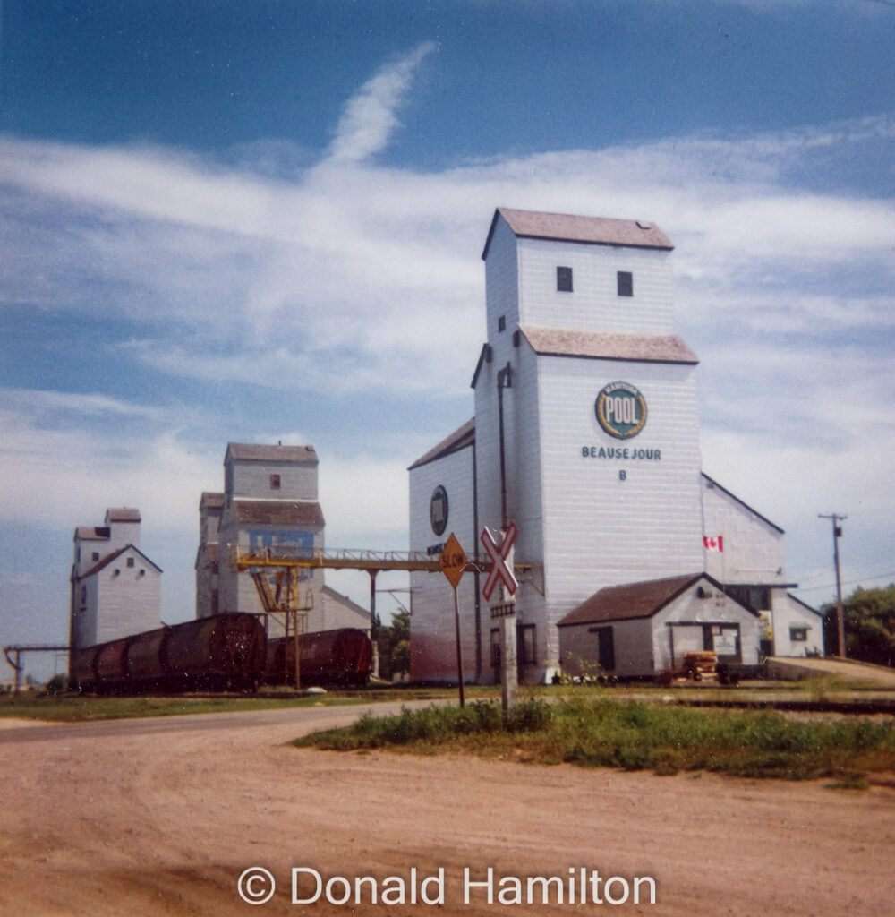 Three grain elevators in Beausejour, Manitoba.