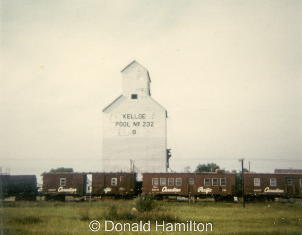 White grain elevator and rail cars.