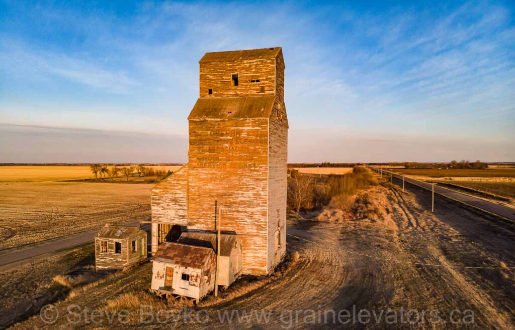 Drone view of grain elevator in Oberon, Manitoba, May 2021