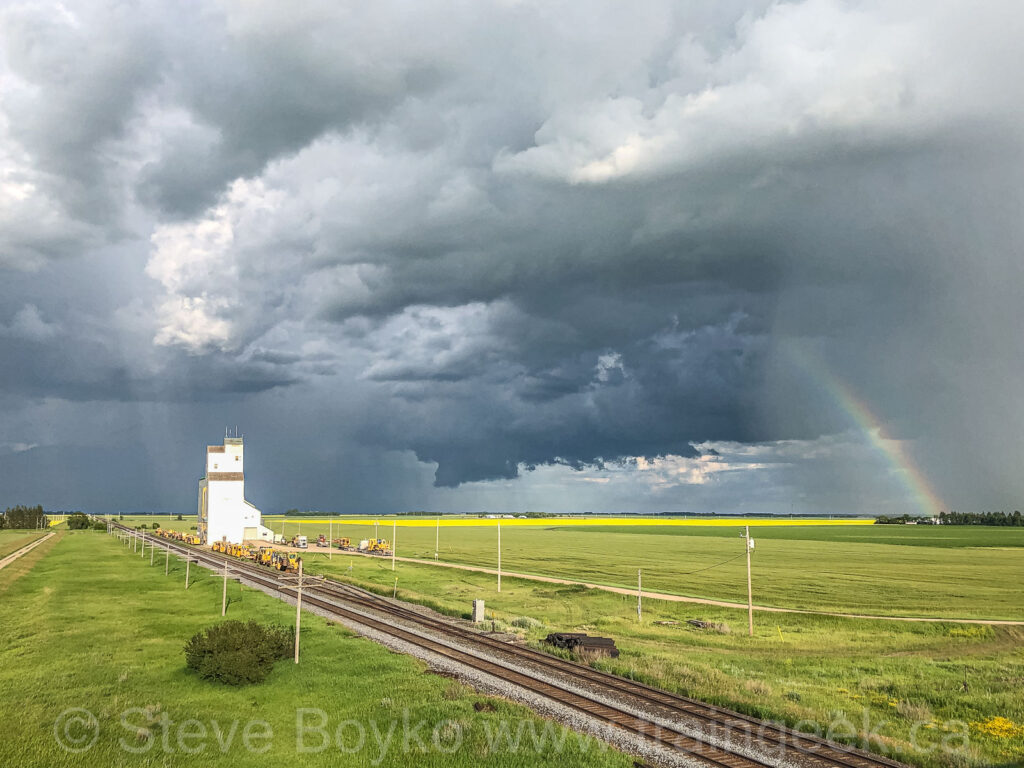 Rainbow at Harte grain elevator, July 2020.