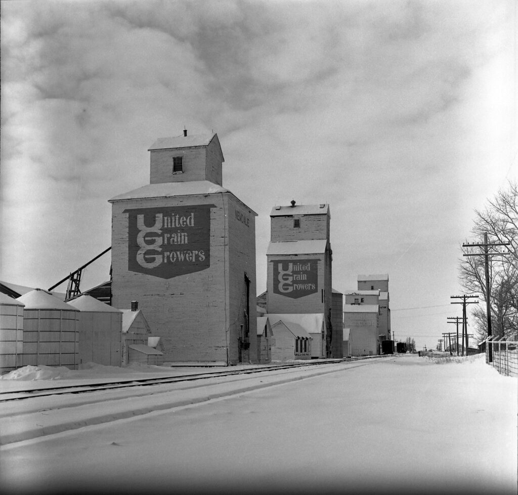 UGG grain elevators in Newdale, Manitoba. Photographer: Lawrence Stuckey. SJ McKee Archives, Brandon University.