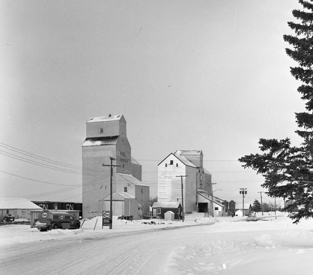Two Manitoba Pool grain elevators in Erickson, Manitoba.