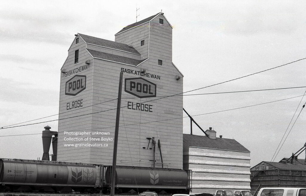 Saskatchewan Wheat Pool grain elevator in Elrose, SK, June 1980.