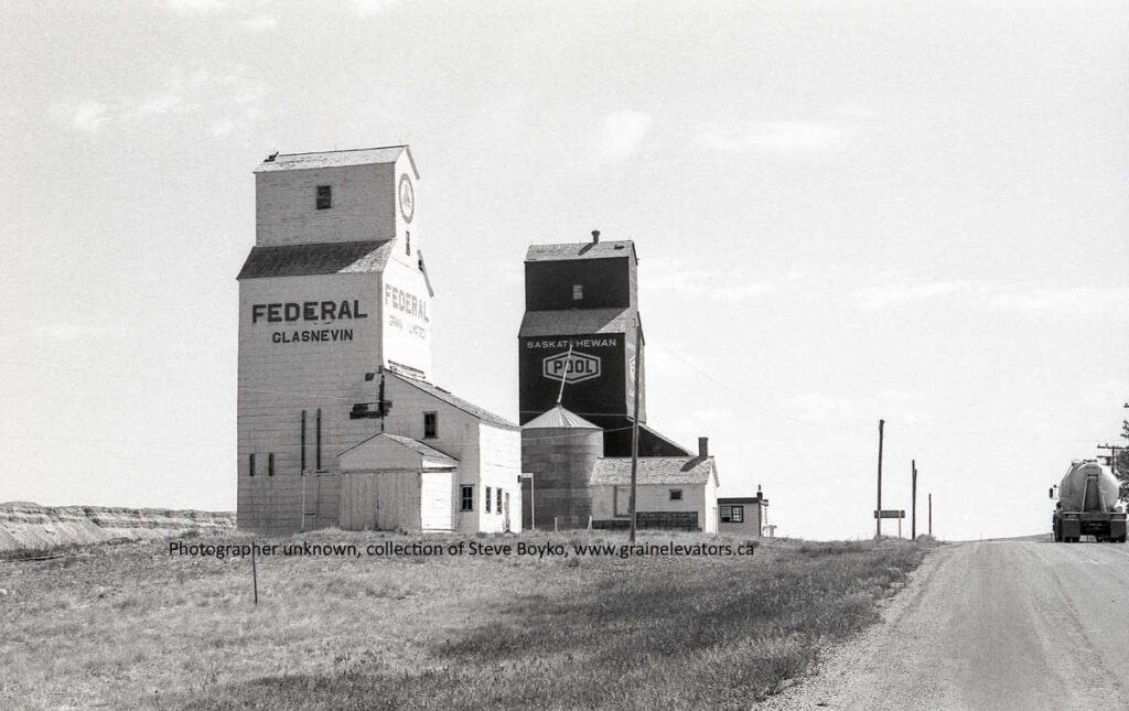 Grain elevators in Glasnevin, SK, Oct 1980. Contributed by Steve Boyko.