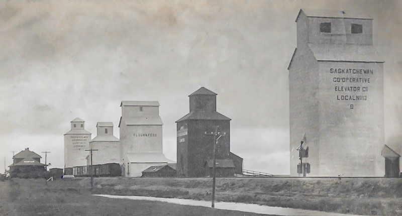Black and white photograph of five grain elevators and a train station in Cupar Saskatchewan