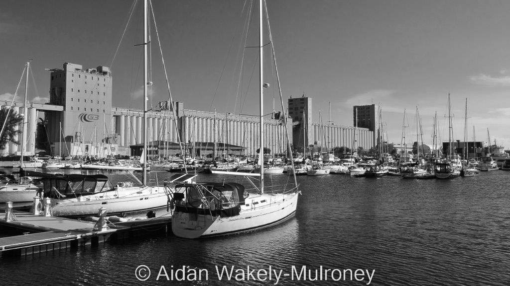Black and white image of sailboats in a harbour with a large concrete grain elevator in the background.