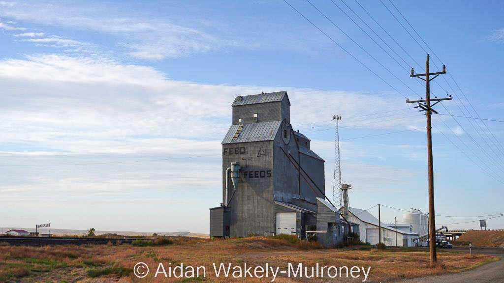 Wooden grain elevator on the prairie in Sunburst Montana