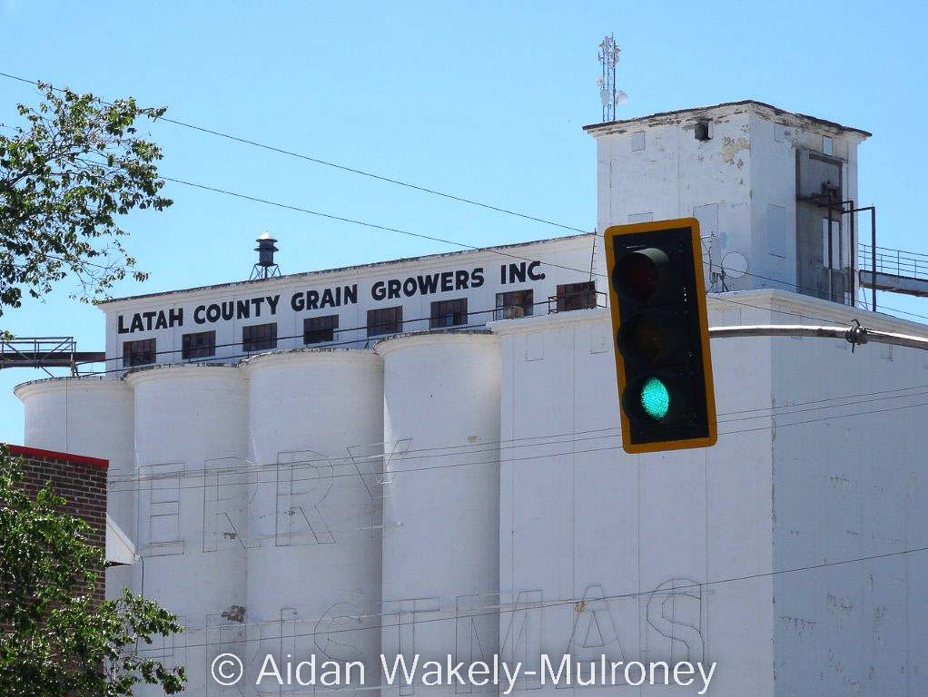 Colour photograph of a white concrete grain elevator. A traffic light in the foreground indicates green for "GO".