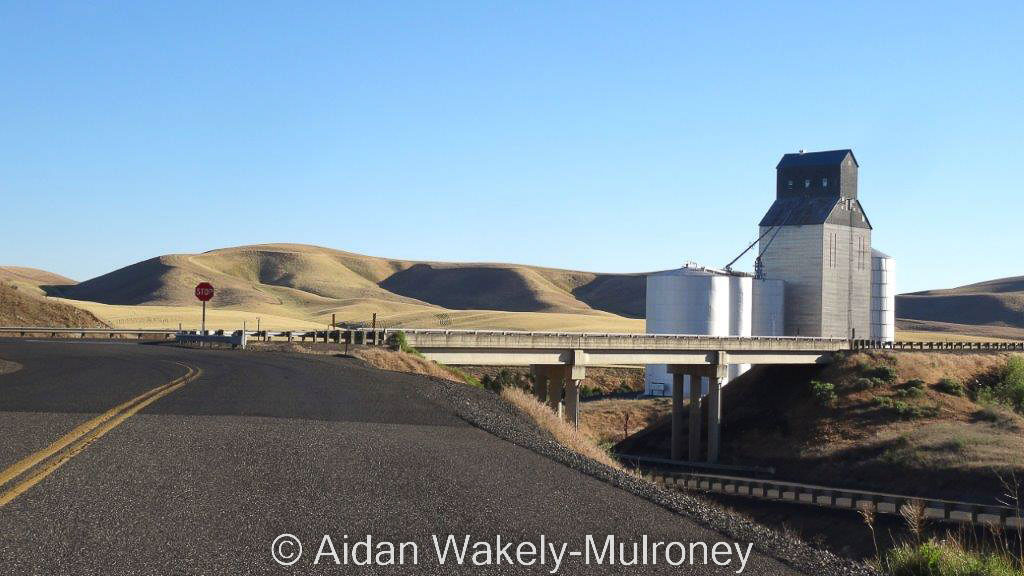 Colour image of an asphalt highway leading to a bridge and a wooden grain elevator .