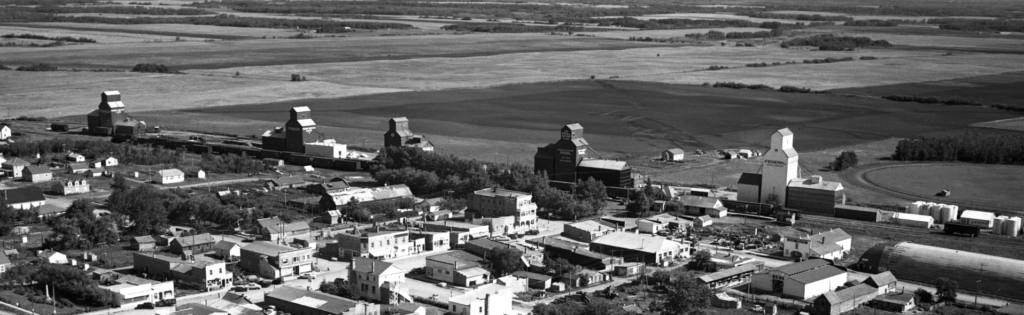 Aerial photo of Shellbrook, SK, 1950s by H.D. McPhail. Credit: University of Saskatchewan, University Archives and Special Collections, MG402, Town Series 2, Box 4, 046A.