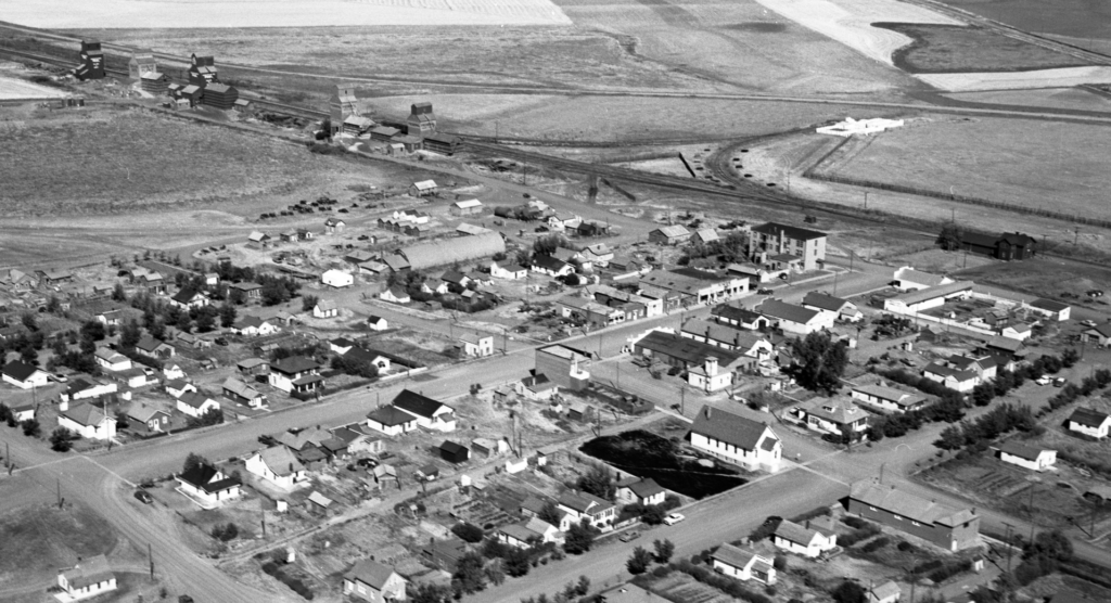 Black and white aerial photograph of Abbey Saskatchewan