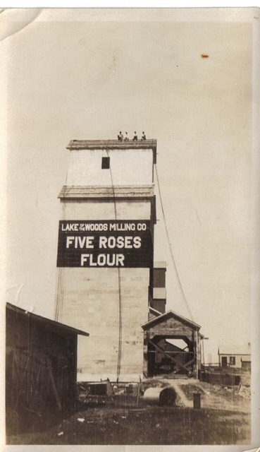 Black and white photograph of a grain elevator under construction, with the words Lake of the Woods Milling Co. Five Roses Flour on the elevator.